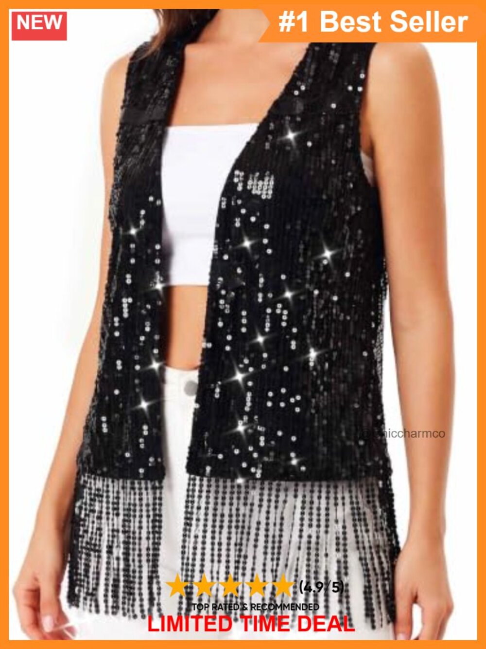 Polyester Sequin Fringe Sleeveless Open Front Vest Cardigan for Festivals